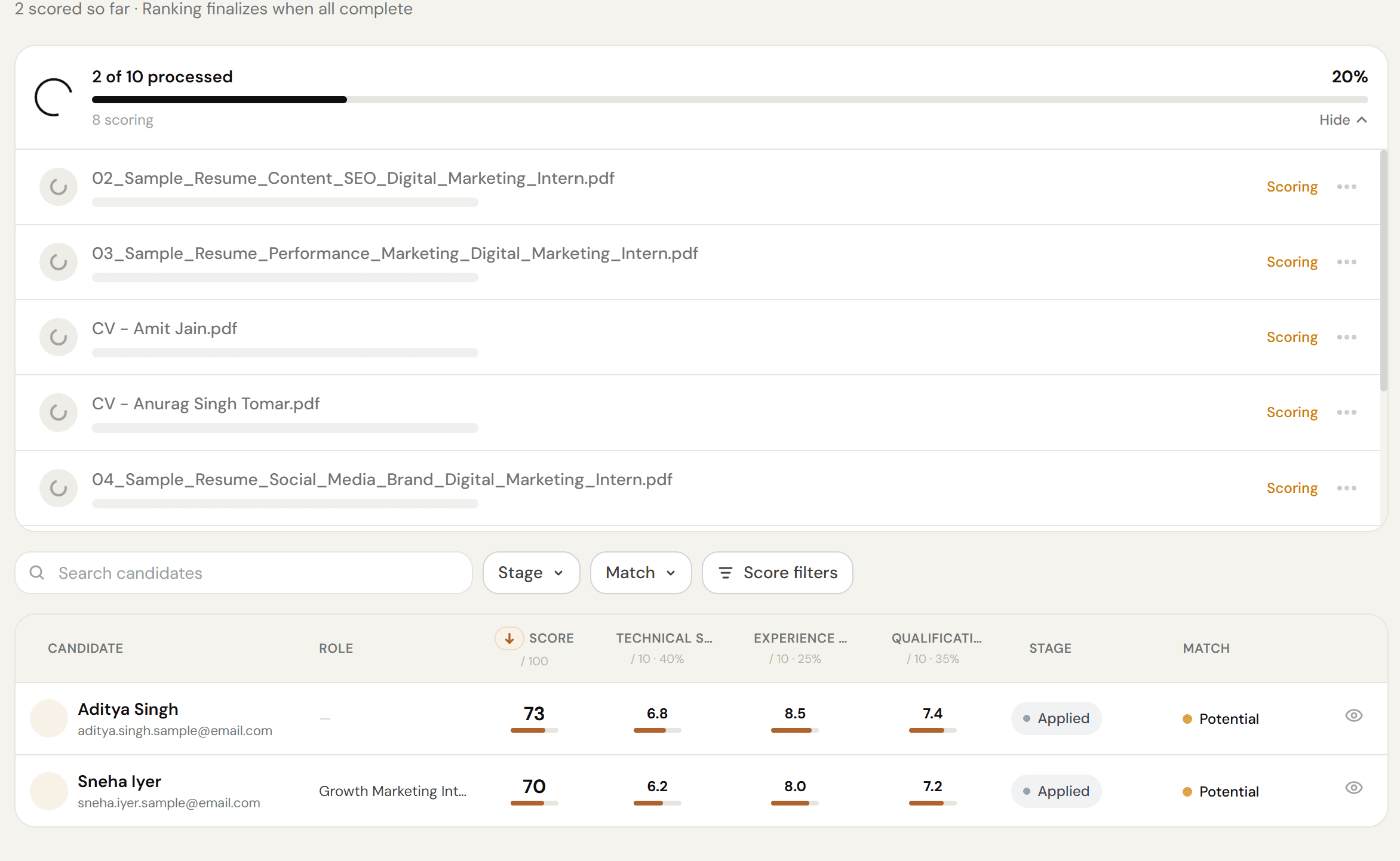 Bulk resume upload interface showing ZIP file upload and processing status