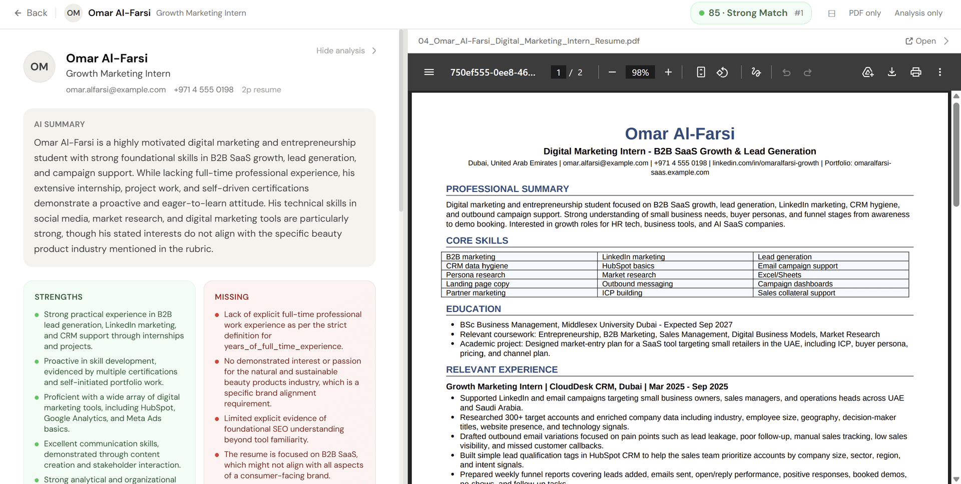 Candidate assessment card with detailed scoring breakdown and AI-written insights